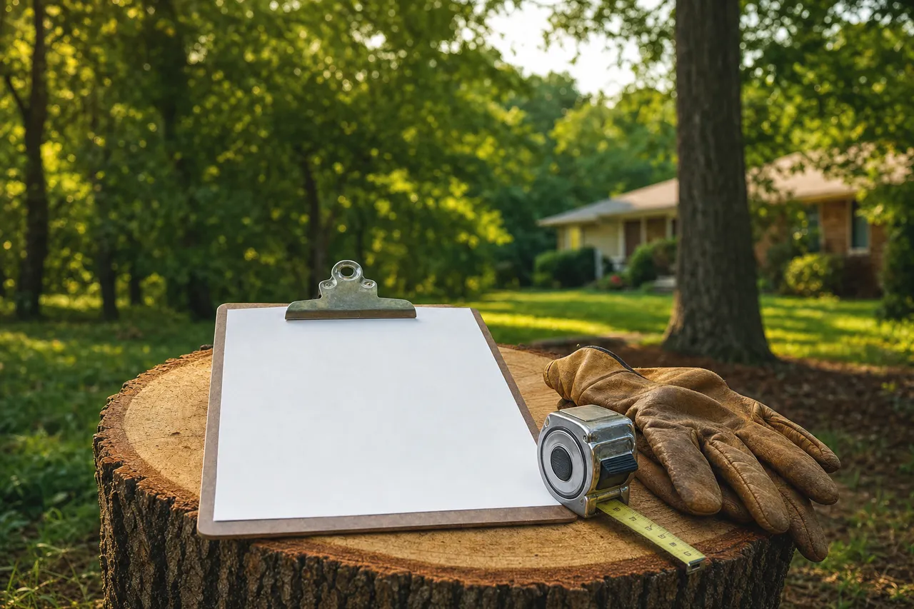 Estimator's clipboard, tape measure, and work gloves on a fresh-cut oak log
