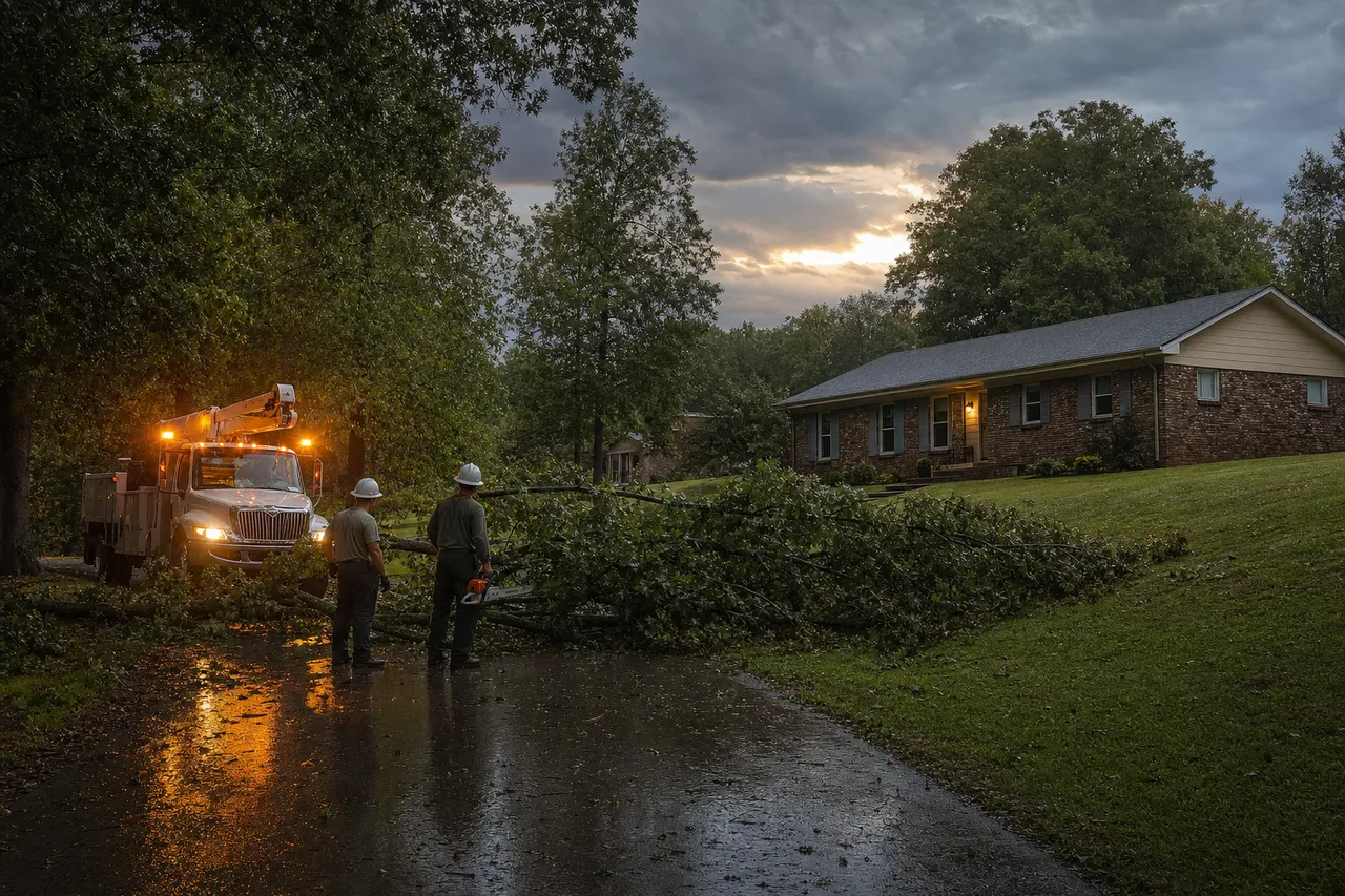 Crew with amber work lights assessing a storm-downed limb across a Paragould driveway at dusk