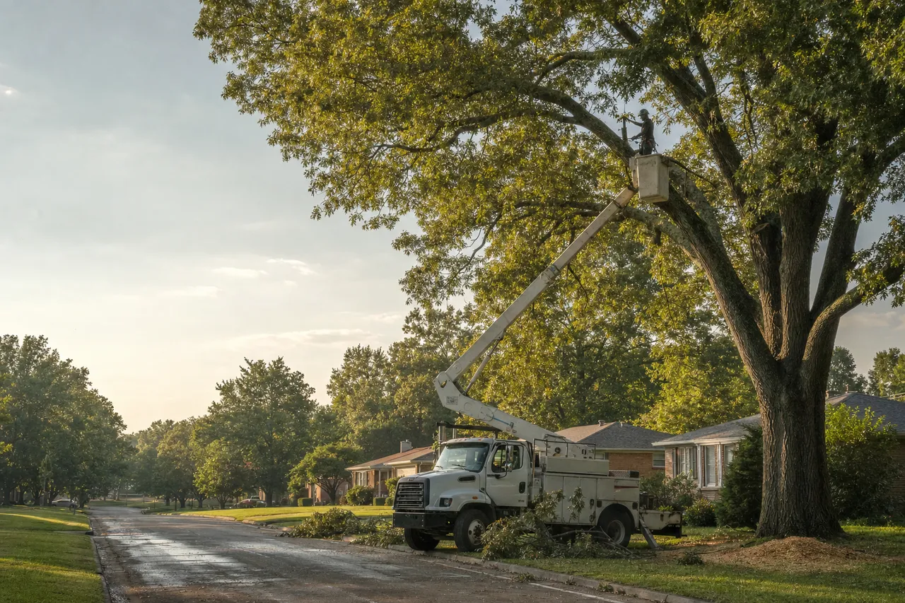Bucket truck and climber working a large white oak on a Paragould residential street