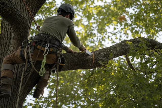 Arborist in climbing harness making a pruning cut with a hand saw